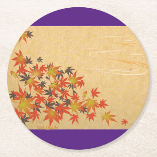DESSOUS-DE-VERRE ROND EN PAPIER 紅葉と流水紋(紗綾型地紋)のペーパーコースター ラウンドペーパーコースター