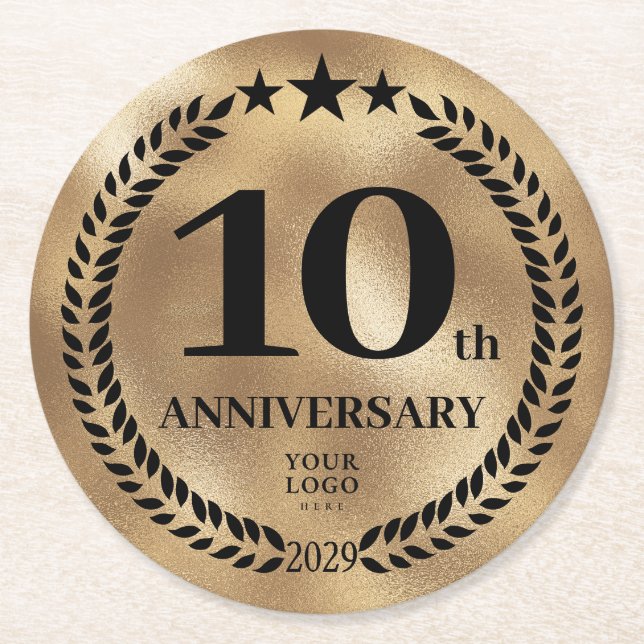 Dessous-de-verre Rond En Papier 10e anniversaire de l'entreprise Logo Gold (Devant)