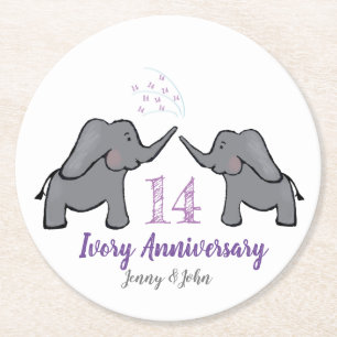 Dessous-de-verre Rond En Papier 14e anniversaire de l'éléphant d'ivoire violet