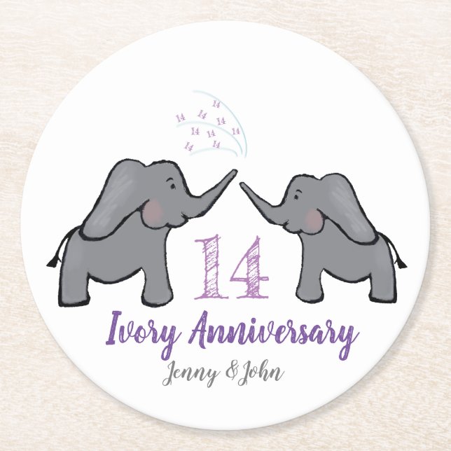Dessous-de-verre Rond En Papier 14e anniversaire de l'éléphant d'ivoire violet (Devant)