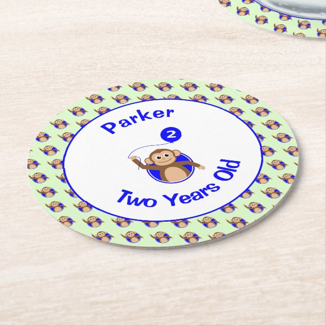Dessous-de-verre Rond En Papier 2e anniversaire mignon singe bleu ballon ajouter n (Incliné)