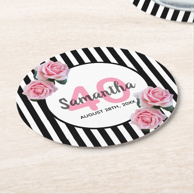 Dessous-de-verre Rond En Papier 40e anniversaire fleurs roses rayures noires (Incliné)