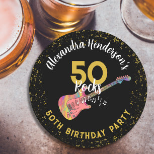 Dessous-de-verre Rond En Papier 50 Rocks 50e Anniversaire Fête Rose Noir Or