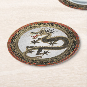 Dessous-de-verre Rond En Papier [600] Dragon oriental sacré noir et or