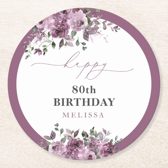 Dessous-de-verre Rond En Papier 80e anniversaire Elégant Roses violets (Devant)