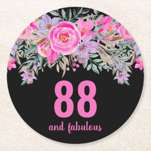 Dessous-de-verre Rond En Papier 88e anniversaire rose noir floral