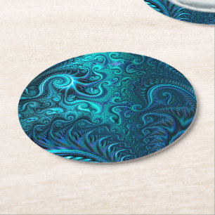 Dessous-de-verre Rond En Papier Abstrait bleu coloré et Motif spiral Turquoise