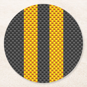 Dessous-de-verre Rond En Papier Accent Yellow Racing Stripes Carbon Fiber Style
