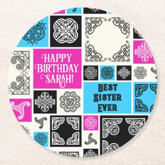 Dessous-de-verre Rond En Papier Ajouter Nom & Relation Anniversaire Magenta & Bleu