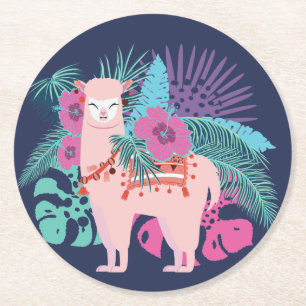 Dessous-de-verre Rond En Papier Alpaga rose, lama, feuilles tropicaux et fleurs