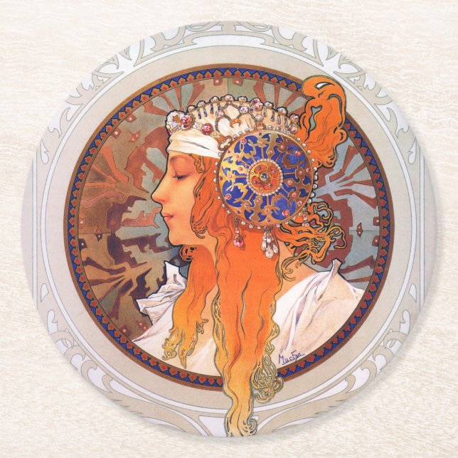 Dessous-de-verre Rond En Papier Alphonse Mucha (Devant)