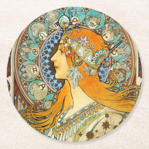 Dessous-de-verre Rond En Papier Alphonse Mucha Art Nouveau Zodiac