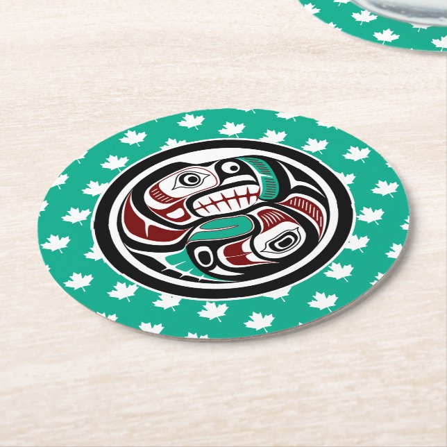 Dessous-de-verre Rond En Papier Amérindien Noir Haida Art Otter Saumon (Incliné)