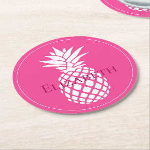 Dessous-de-verre Rond En Papier Ananas blancs chics sur fond rose