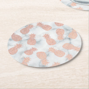 Dessous-de-verre Rond En Papier Ananas rose en or sur marbre