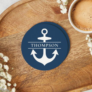 Dessous-de-verre Rond En Papier Ancre bleue marine Nom du monogramme personnalisé
