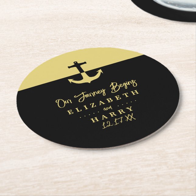 Dessous-de-verre Rond En Papier Ancre nautique - Black Gold - Mariage plage (Incliné)