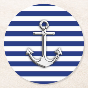 Dessous-de-verre Rond En Papier Ancre nautique de chrome sur la copie de rayures
