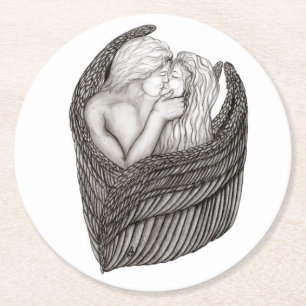 Dessous-de-verre Rond En Papier Angels Kissing, noir et blanc Design