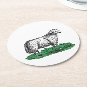 Dessous-de-verre Rond En Papier Animaux de ferme vintages de mouton Ewe Dessin C