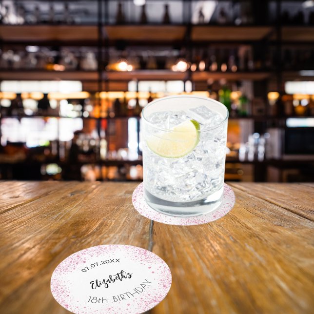 Dessous-de-verre Rond En Papier Anniversaire blanc rose nom de la parties scintill (Créateur téléchargé)