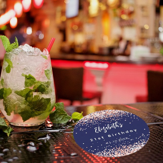 Dessous-de-verre Rond En Papier Anniversaire bleu marine rose confetti d'or (Créateur téléchargé)