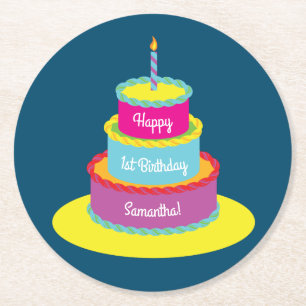 Dessous-de-verre Rond En Papier Anniversaire Cake Cute Coloré 1ère Fête Thème