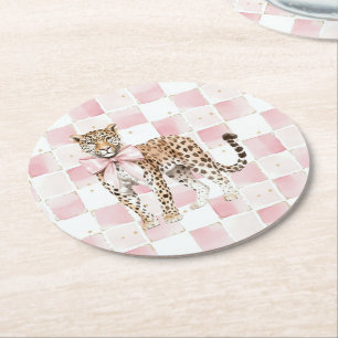 Dessous-de-verre Rond En Papier Anniversaire des Carrés du Leopard Pink Bow