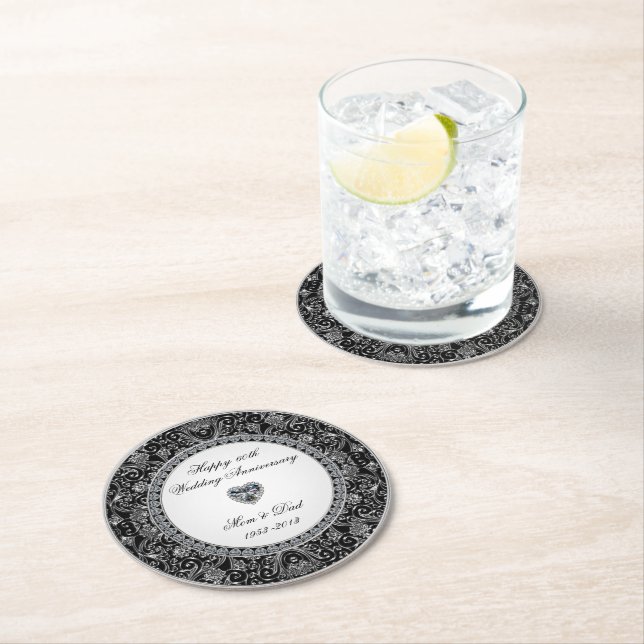 Dessous-de-verre Rond En Papier Anniversaire du Mariage Diamond Style Onyx Noir (En situation)