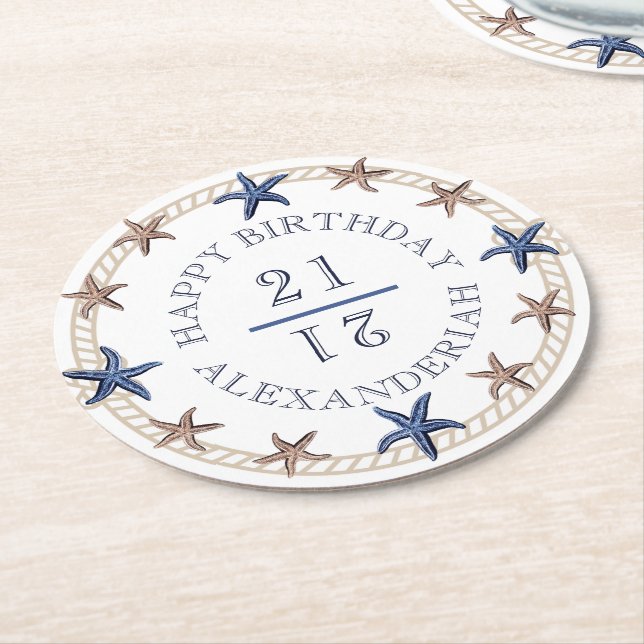 Dessous-de-verre Rond En Papier Anniversaire Marine Bleue Blanc Tan Starfish (Incliné)