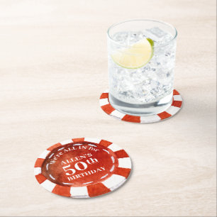 Dessous-de-verre Rond En Papier Anniversaire Poker Chip Rouge Blanc Personnalisé
