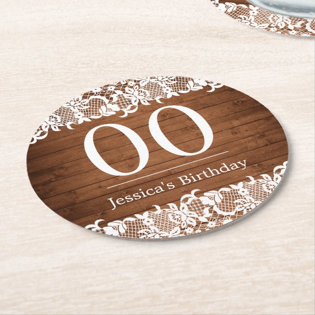 Dessous-de-verre Rond En Papier Anniversaire Rustique Bois et dentelle blanche (Incliné)