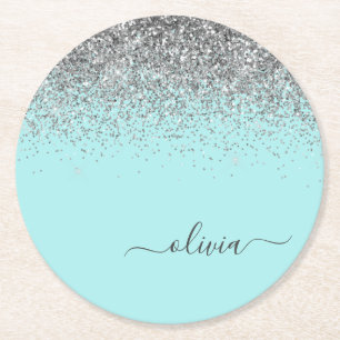 Dessous-de-verre Rond En Papier Aqua bleu Turquoise Parties scintillant argent Mon