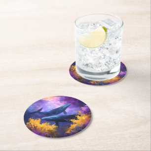 Dessous-de-verre Rond En Papier Aquarelle Baleines Jardin Océan Abstrait