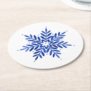 Dessous-de-verre Rond En Papier Aquarelle bleu Indigo Flocon de neige Abstrait