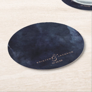 Dessous-de-verre Rond En Papier Aquarelle bleu marine et Mariage Rose or Monogramm