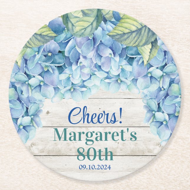 Dessous-de-verre Rond En Papier Aquarelle Blue Hydrangea 80e anniversaire (Devant)