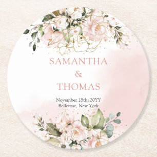 Dessous-de-verre Rond En Papier Aquarelle Blush roses eucalyptus or mariage