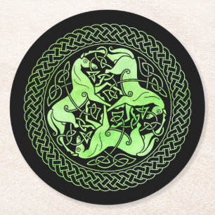 Dessous-de-verre Rond En Papier Aquarelle Cercle de noeud celtique vert avec cheva