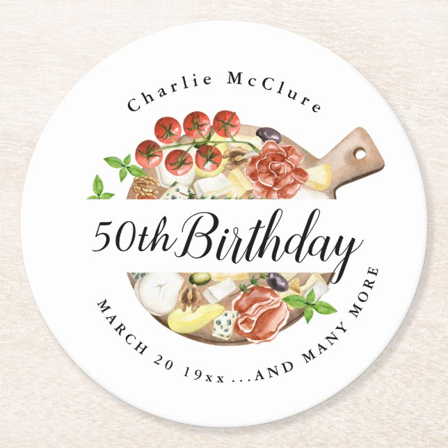 Dessous-de-verre Rond En Papier Aquarelle Charcuterie Italie Anniversaire (Devant)