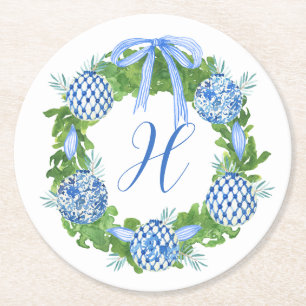 Dessous-de-verre Rond En Papier Aquarelle Chinoiserie Wreath Noël Monogramme