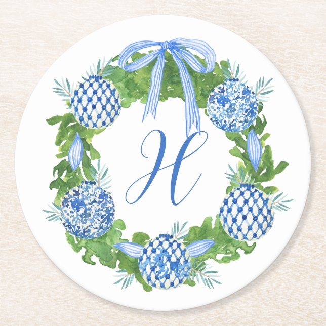 Dessous-de-verre Rond En Papier Aquarelle Chinoiserie Wreath Noël Monogramme (Devant)