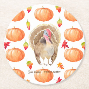 Dessous-de-verre Rond En Papier Aquarelle Citrouille Turquie Motif Thanksgiving