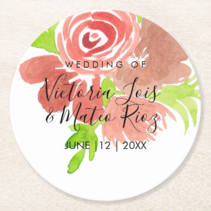 Dessous-de-verre Rond En Papier Aquarelle Floral Rose Beige Rosé Feuille Mariage