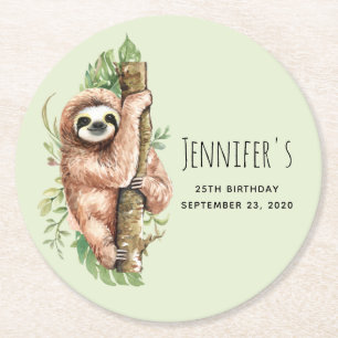 Dessous-de-verre Rond En Papier Aquarelle mignonne Sloth & Feuilles tropicaux Anni