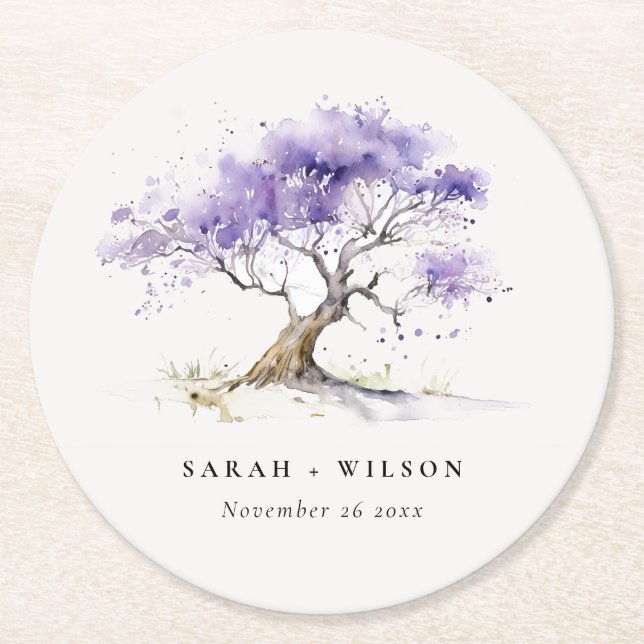 Dessous-de-verre Rond En Papier Aquarelle minimale Lilac Jacaranda Mariage arbre (Devant)