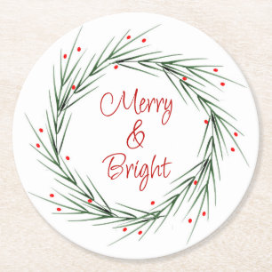 Dessous-de-verre Rond En Papier Aquarelle Pine Aiguilles et Berries Wreath Round