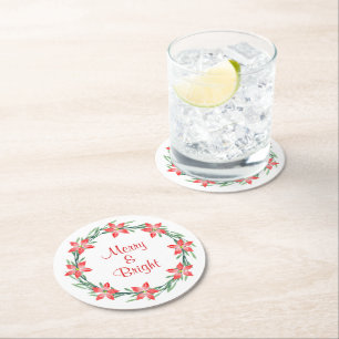 Dessous-de-verre Rond En Papier Aquarelle Poinsettia Feuille Wreath
