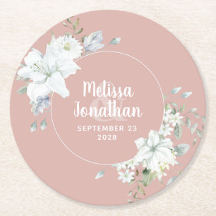 Dessous-de-verre Rond En Papier Aquarelle romantique fleurs blanches mariage