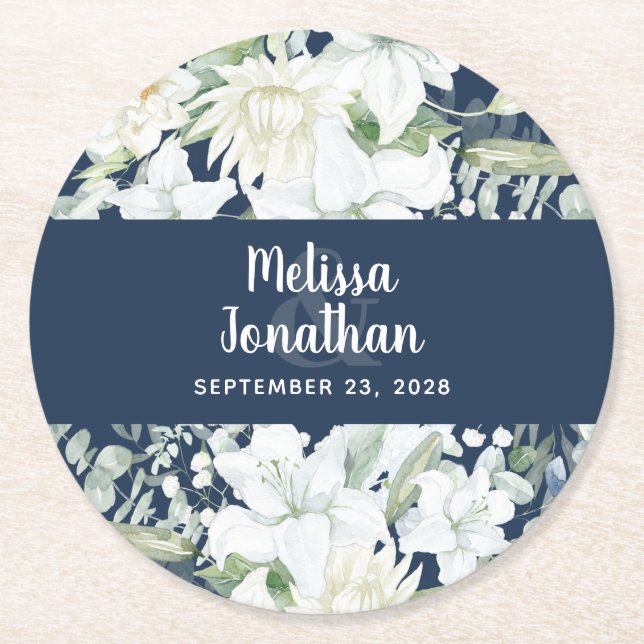 Dessous-de-verre Rond En Papier Aquarelle romantique fleurs blanches mariage (Devant)